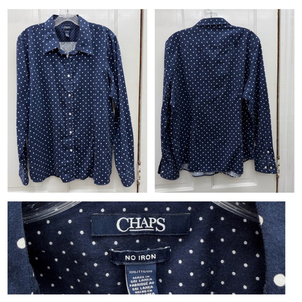 Chaps Navy Blue White Polka Dot Long Sleeve Button Down Shirt Blouse Women's XXL